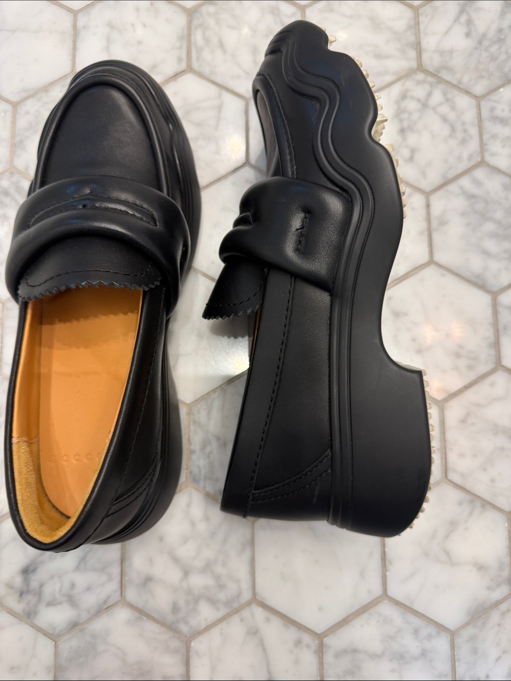 Black Platform Leather Loafers for Women